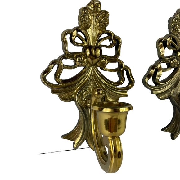 MCM Gold Filagree Wall-Mount Candle Holders Heart Decor Very Clean 8” Tall Homco - Picture 7 of 15